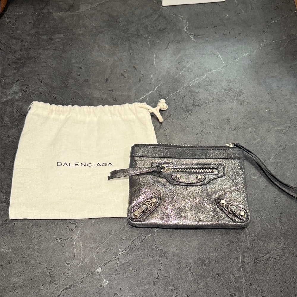 Balenciaga Black Milky Way Metallic Calfskin Leather Classic Zip Mini Coin Purse